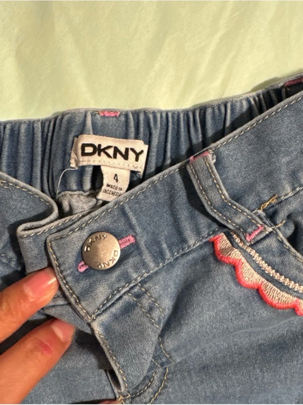 DKNY Blue Denim Shorts with Pink Scallop Trim